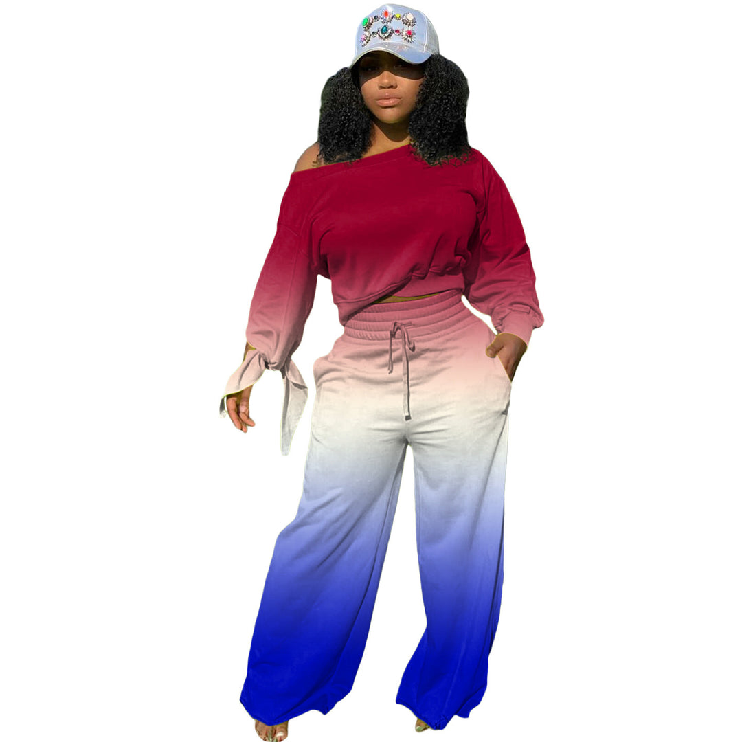 Damen Zweiteiliges Lounge-Set mit Off-Shoulder Crop-Sweatshirt, Bindärmeln und High‑Waist Palazzohose Shop Nory