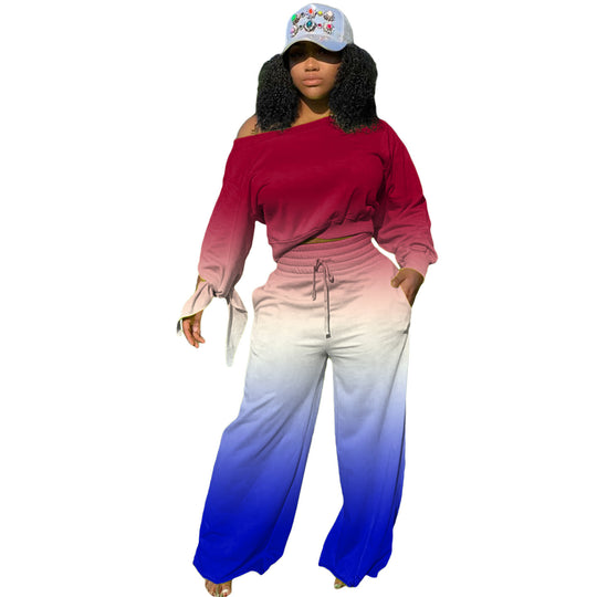 Damen Zweiteiliges Lounge-Set mit Off-Shoulder Crop-Sweatshirt, Bindärmeln und High‑Waist Palazzohose Shop Nory