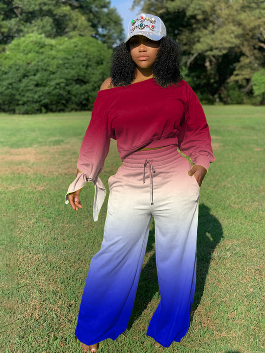 Damen Zweiteiliges Lounge-Set mit Off-Shoulder Crop-Sweatshirt, Bindärmeln und High‑Waist Palazzohose Shop Nory