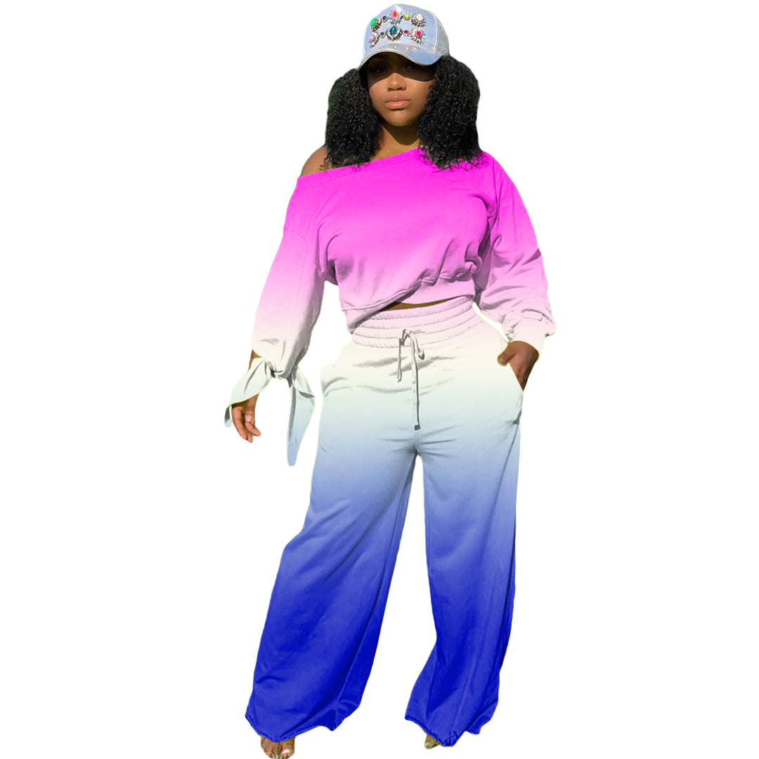 Damen Zweiteiliges Lounge-Set mit Off-Shoulder Crop-Sweatshirt, Bindärmeln und High‑Waist Palazzohose Shop Nory