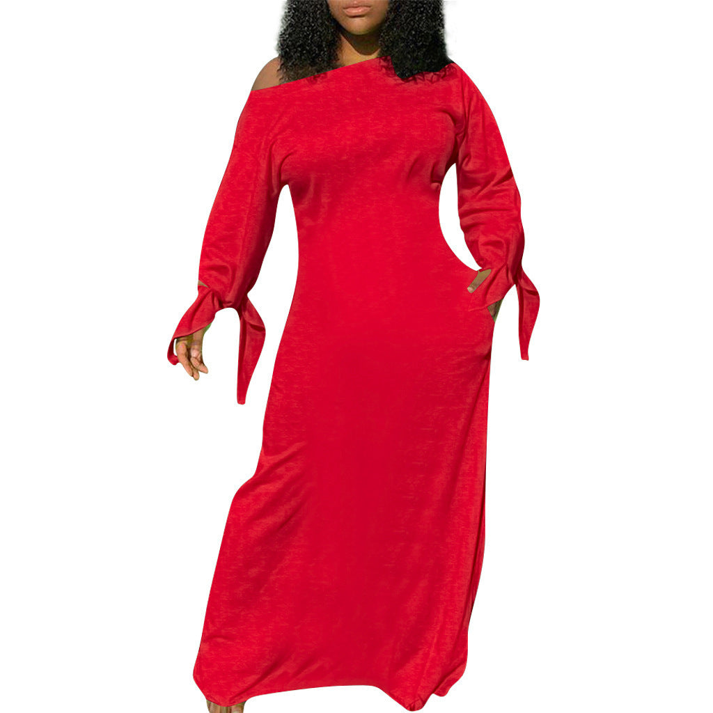 Damen Asymmetrisches Maxikleid mit Ein-Schulter, langen Ärmeln und Bindemanschetten Shop Nory
