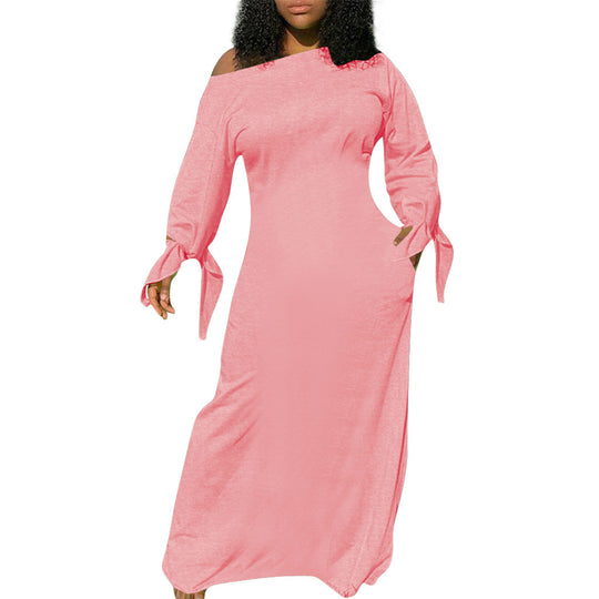 Damen Asymmetrisches Maxikleid mit Ein-Schulter, langen Ärmeln und Bindemanschetten Shop Nory