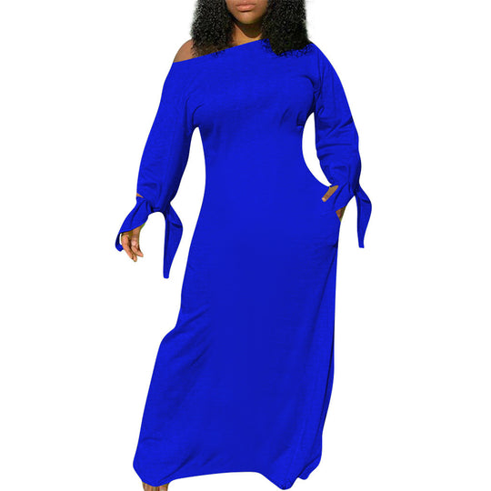 Damen Asymmetrisches Maxikleid mit Ein-Schulter, langen Ärmeln und Bindemanschetten Shop Nory