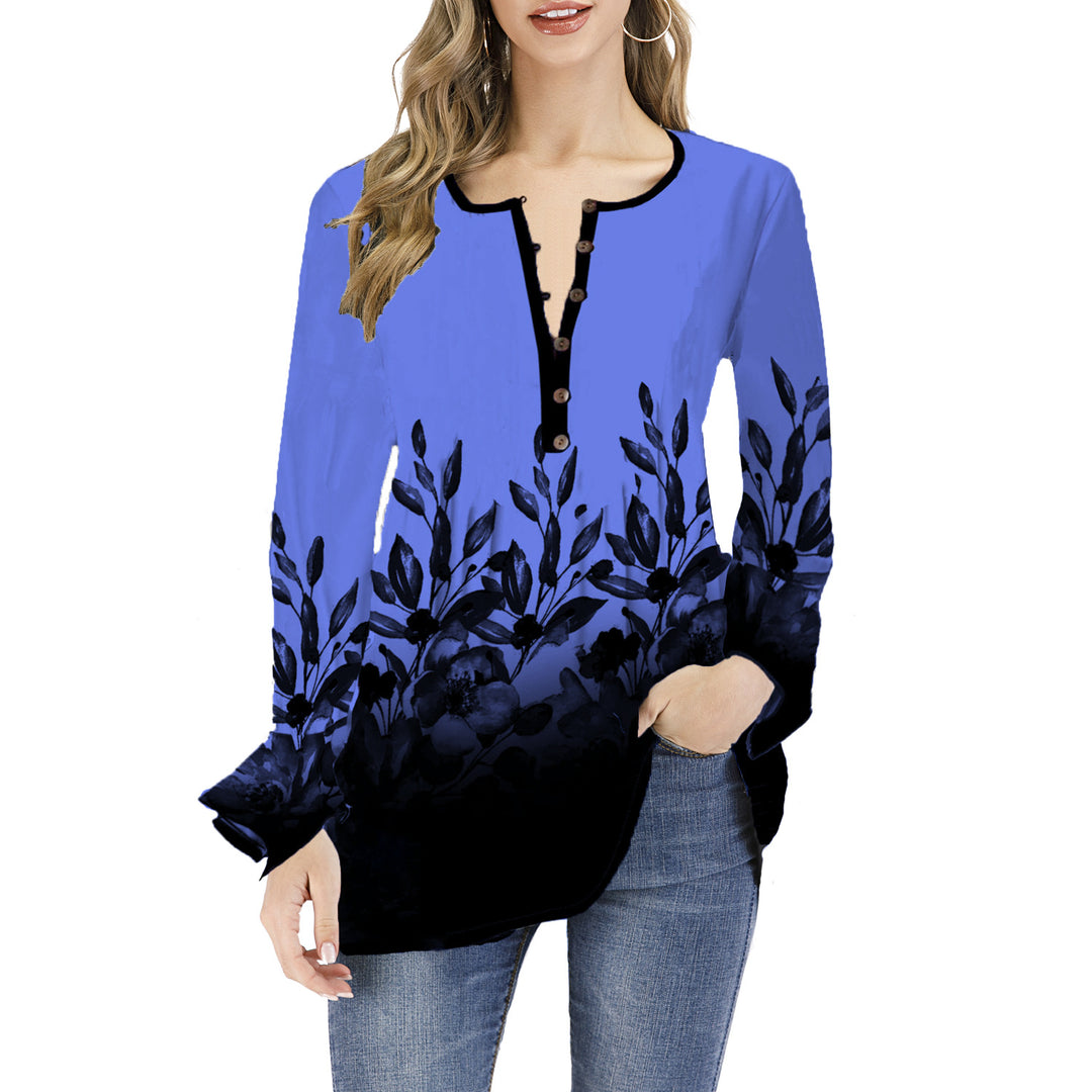 Damen Lockeres Langarm-Tunika-Shirt mit Henley-Knopfleiste und floralem Ombre-Print Shop Nory