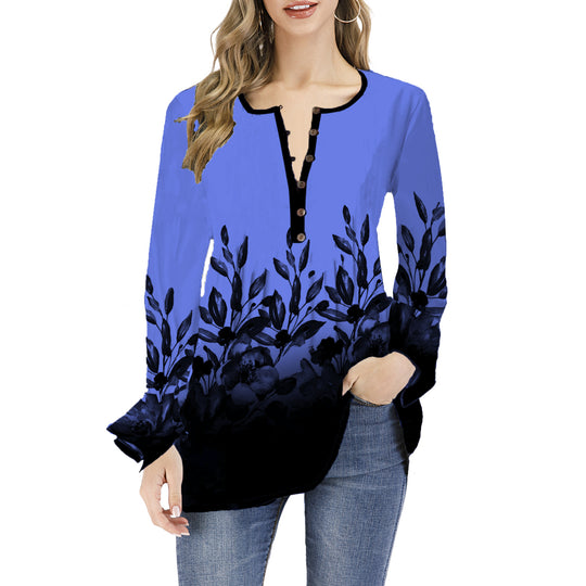 Damen Lockeres Langarm-Tunika-Shirt mit Henley-Knopfleiste und floralem Ombre-Print Shop Nory