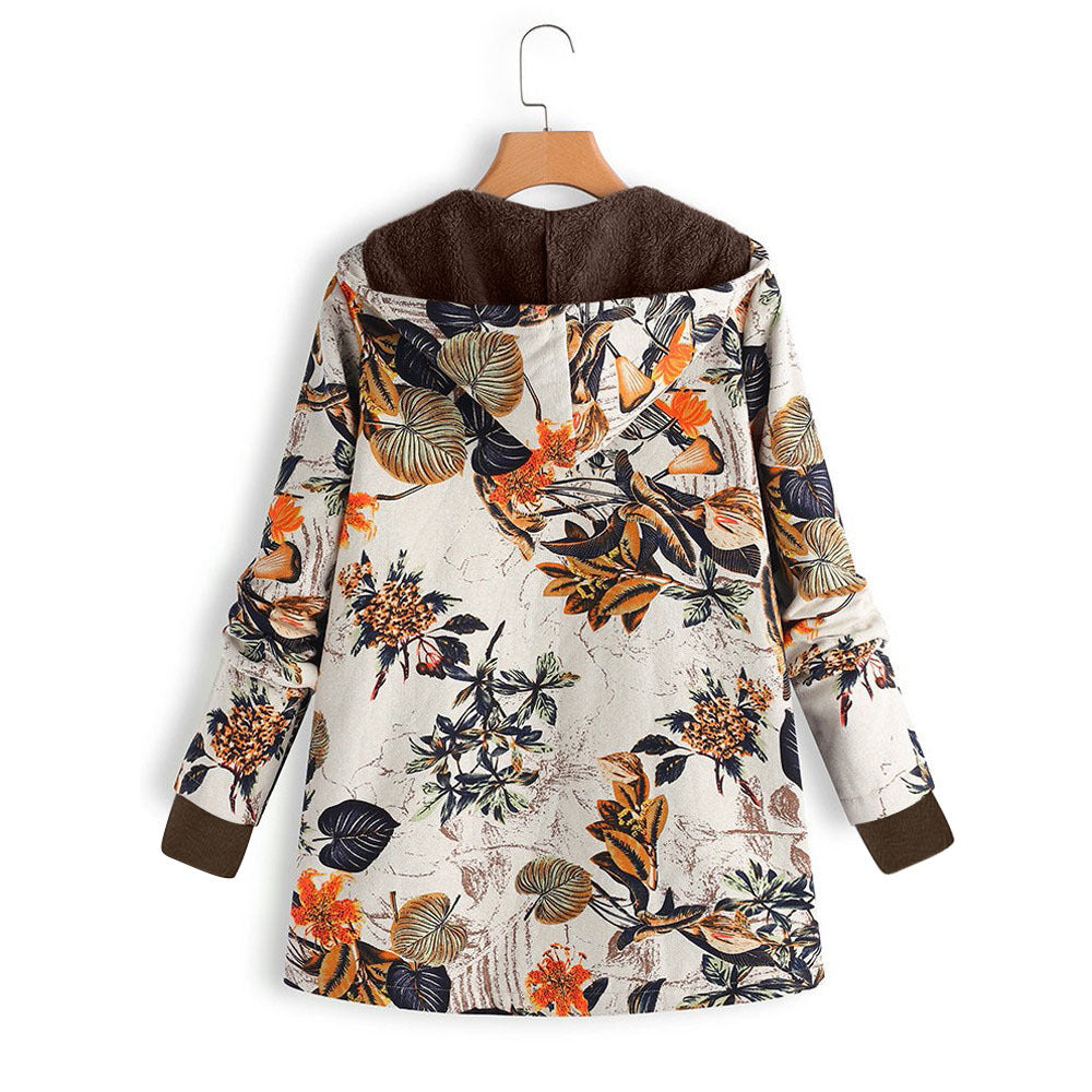 Damen Gefütterte Kapuzenjacke mit Kunstfellfutter, floralem Print und Eingrifftaschen Shop Nory