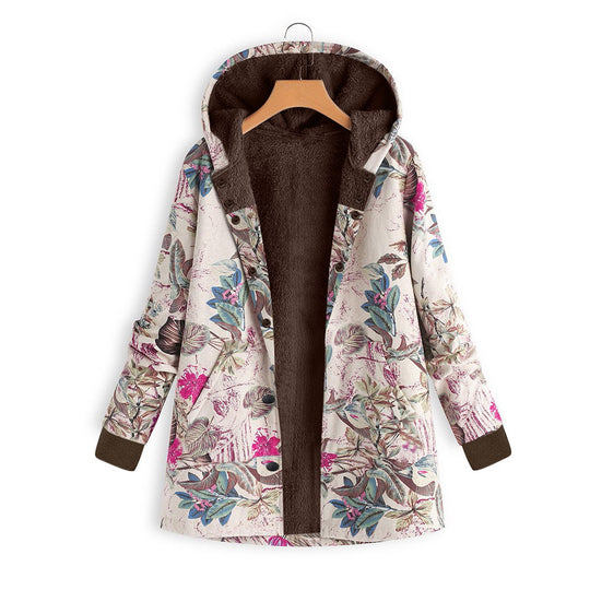 Damen Gefütterte Kapuzenjacke mit Kunstfellfutter, floralem Print und Eingrifftaschen Shop Nory