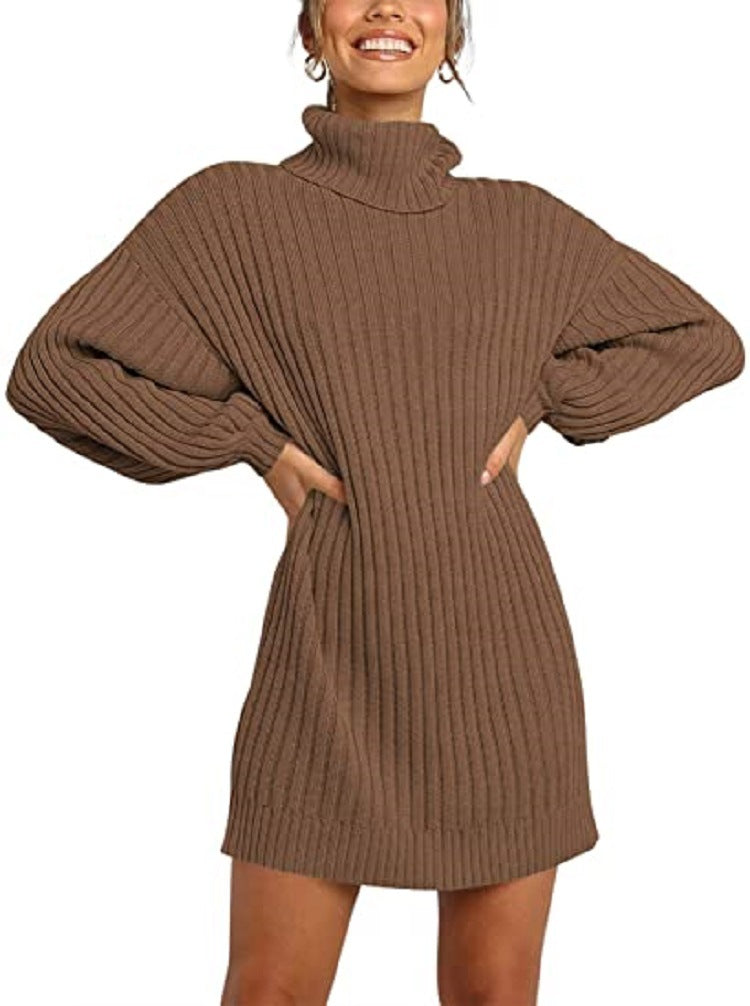 Damen Strickkleid mit hohem Kragen und weit geschnittenen Ärmeln