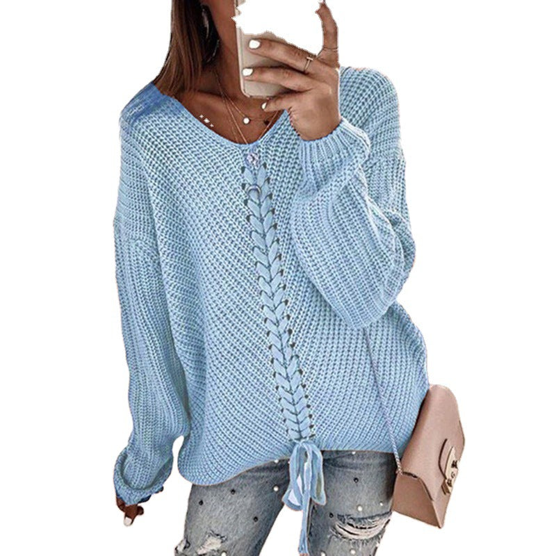Damen Oversize Strickpullover mit V-Ausschnitt, Zopfstrick und Schnürung Shop Nory