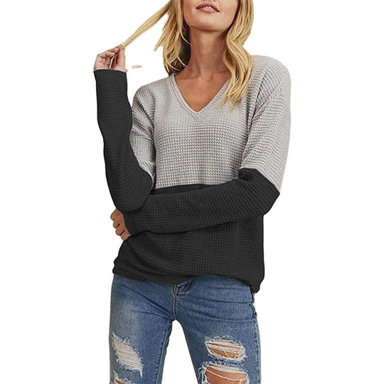 Damen Waffelstrick-Pullover mit V-Ausschnitt und Colorblock-Design Shop Nory