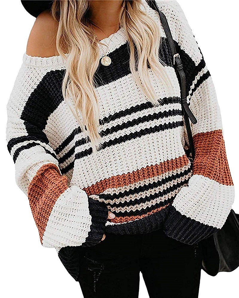 Damen Oversize Waffelstrick-Pullover mit Blockstreifen und überschnittenen Schultern Shop Nory