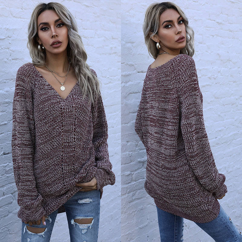 Damen Oversize Melierter V‑Ausschnitt-Feinstrickpullover mit Ballonärmeln & aufgesetzten Taschen Shop Nory