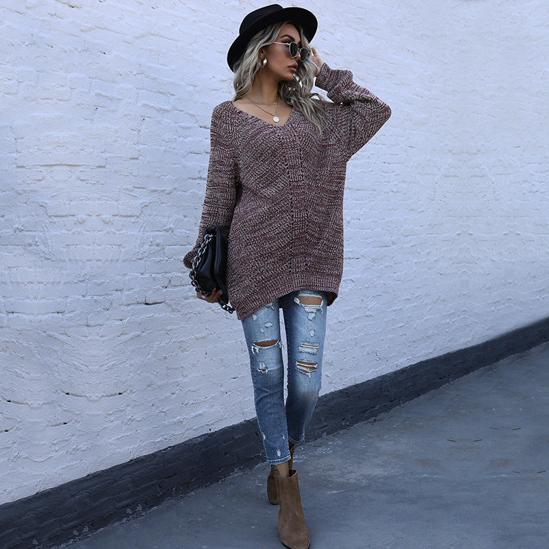 Damen Oversize Melierter V‑Ausschnitt-Feinstrickpullover mit Ballonärmeln & aufgesetzten Taschen Shop Nory
