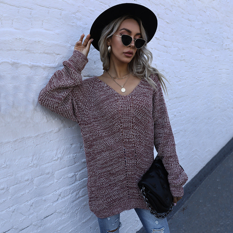 Damen Oversize Melierter V‑Ausschnitt-Feinstrickpullover mit Ballonärmeln & aufgesetzten Taschen Shop Nory