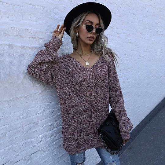 Damen Oversize Melierter V‑Ausschnitt-Feinstrickpullover mit Ballonärmeln & aufgesetzten Taschen Shop Nory