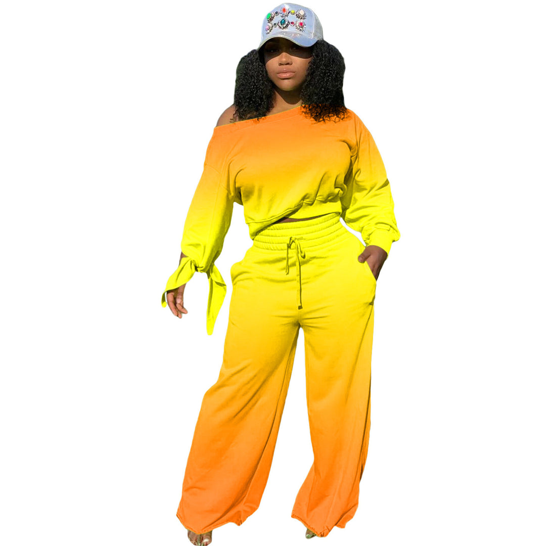 Damen Zweiteiliges Lounge-Set mit Off-Shoulder Crop-Sweatshirt, Bindärmeln und High‑Waist Palazzohose Shop Nory
