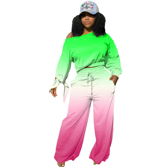 Damen Zweiteiliges Lounge-Set mit Off-Shoulder Crop-Sweatshirt, Bindärmeln und High‑Waist Palazzohose Shop Nory