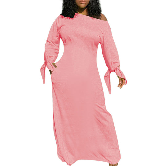 Damen Asymmetrisches Maxikleid mit Ein-Schulter, langen Ärmeln und Bindemanschetten Shop Nory