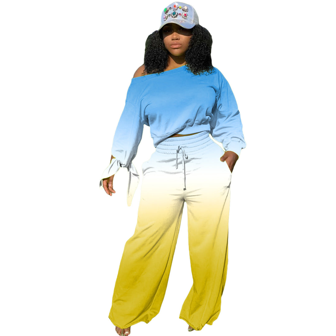 Damen Zweiteiliges Lounge-Set mit Off-Shoulder Crop-Sweatshirt, Bindärmeln und High‑Waist Palazzohose Shop Nory