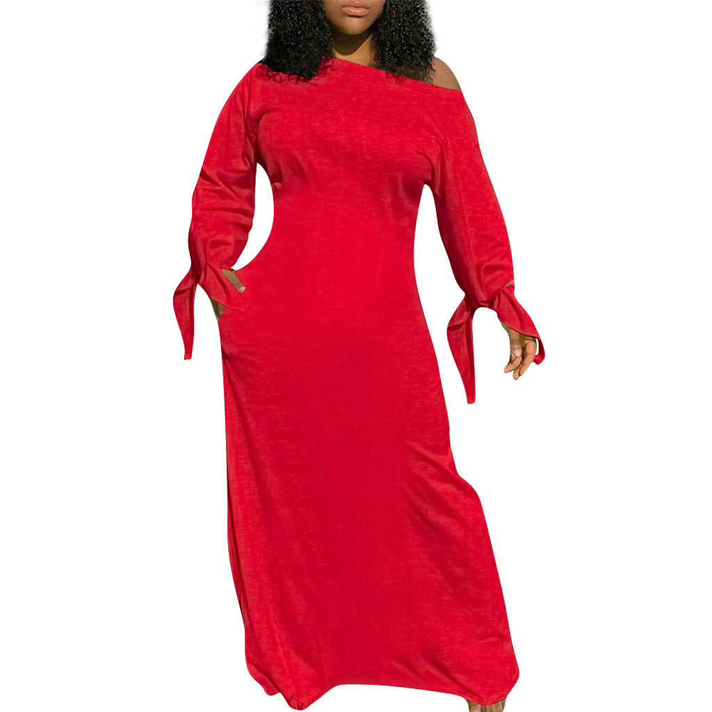 Damen Asymmetrisches Maxikleid mit Ein-Schulter, langen Ärmeln und Bindemanschetten Shop Nory