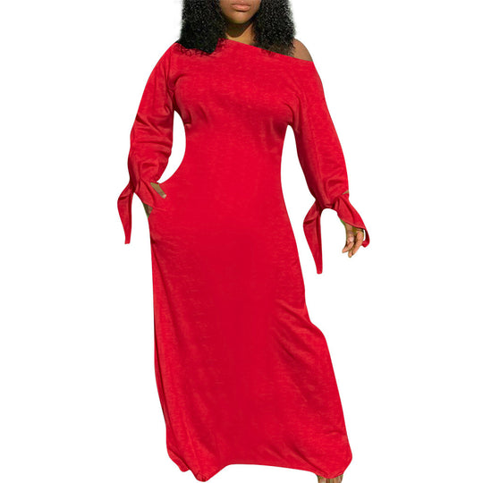 Damen Asymmetrisches Maxikleid mit Ein-Schulter, langen Ärmeln und Bindemanschetten Shop Nory