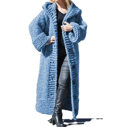 Damen Oversize Grobstrick Maximantel mit Kapuze und Knopfleiste Shop Nory
