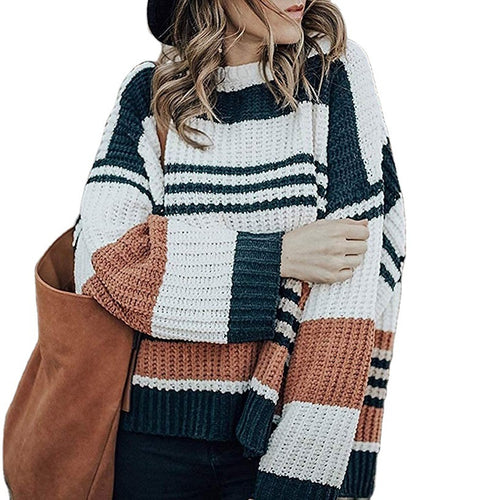 Damen Oversize Waffelstrick-Pullover mit Blockstreifen und überschnittenen Schultern Shop Nory