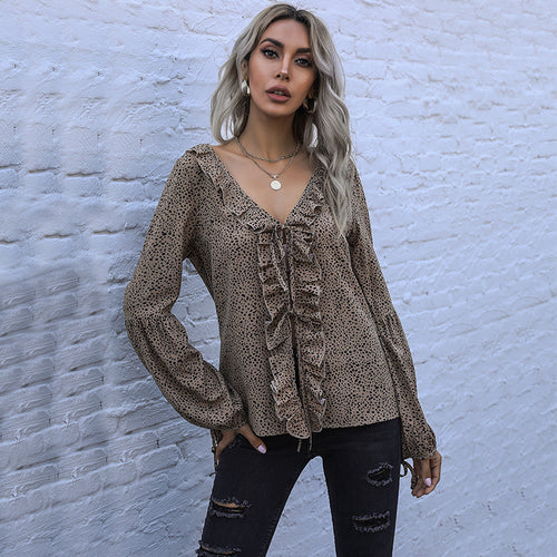 Damen V‑Ausschnitt Rüschenbluse mit BindShop Noryand, Volantfront und Ballonärmeln Shop Nory