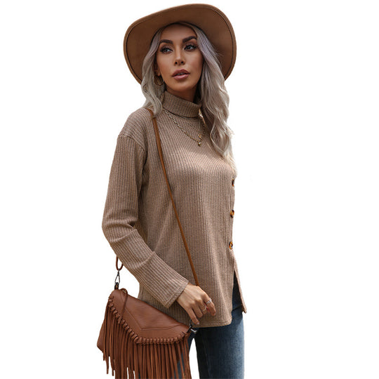 Damen Feinstrick-Rollkragenpullover mit geripptem Strukturstoff und asymmetrischer Knopfleiste Shop Nory