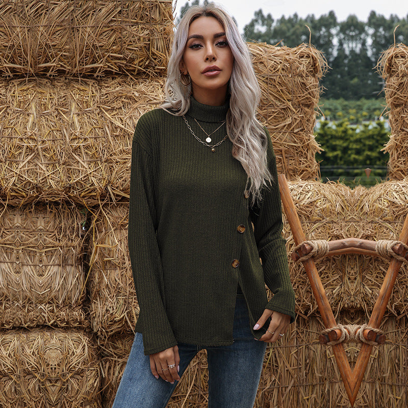 Damen Feinstrick-Rollkragenpullover mit geripptem Strukturstoff und asymmetrischer Knopfleiste Shop Nory
