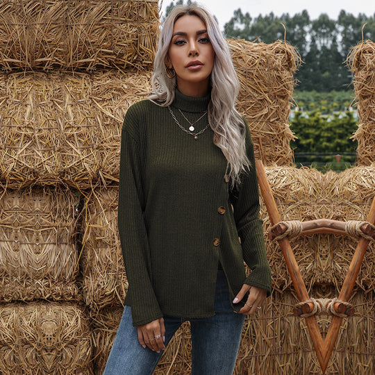Damen Feinstrick-Rollkragenpullover mit geripptem Strukturstoff und asymmetrischer Knopfleiste Shop Nory