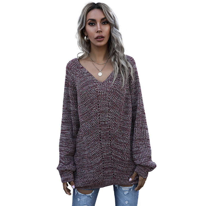 Damen Oversize Melierter V‑Ausschnitt-Feinstrickpullover mit Ballonärmeln & aufgesetzten Taschen Shop Nory