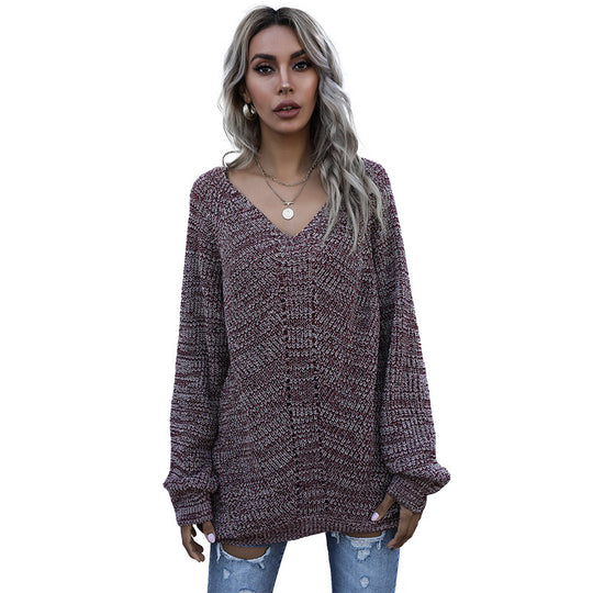 Damen Oversize Melierter V‑Ausschnitt-Feinstrickpullover mit Ballonärmeln & aufgesetzten Taschen Shop Nory