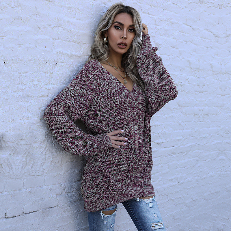 Damen Oversize Melierter V‑Ausschnitt-Feinstrickpullover mit Ballonärmeln & aufgesetzten Taschen Shop Nory