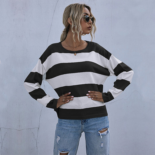 Damen Lockerer gestreifter Pullover mit Carmen-Ausschnitt und Oversize-Schnitt Shop Nory