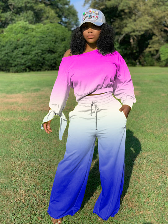 Damen Zweiteiliges Lounge-Set mit Off-Shoulder Crop-Sweatshirt, Bindärmeln und High‑Waist Palazzohose Shop Nory