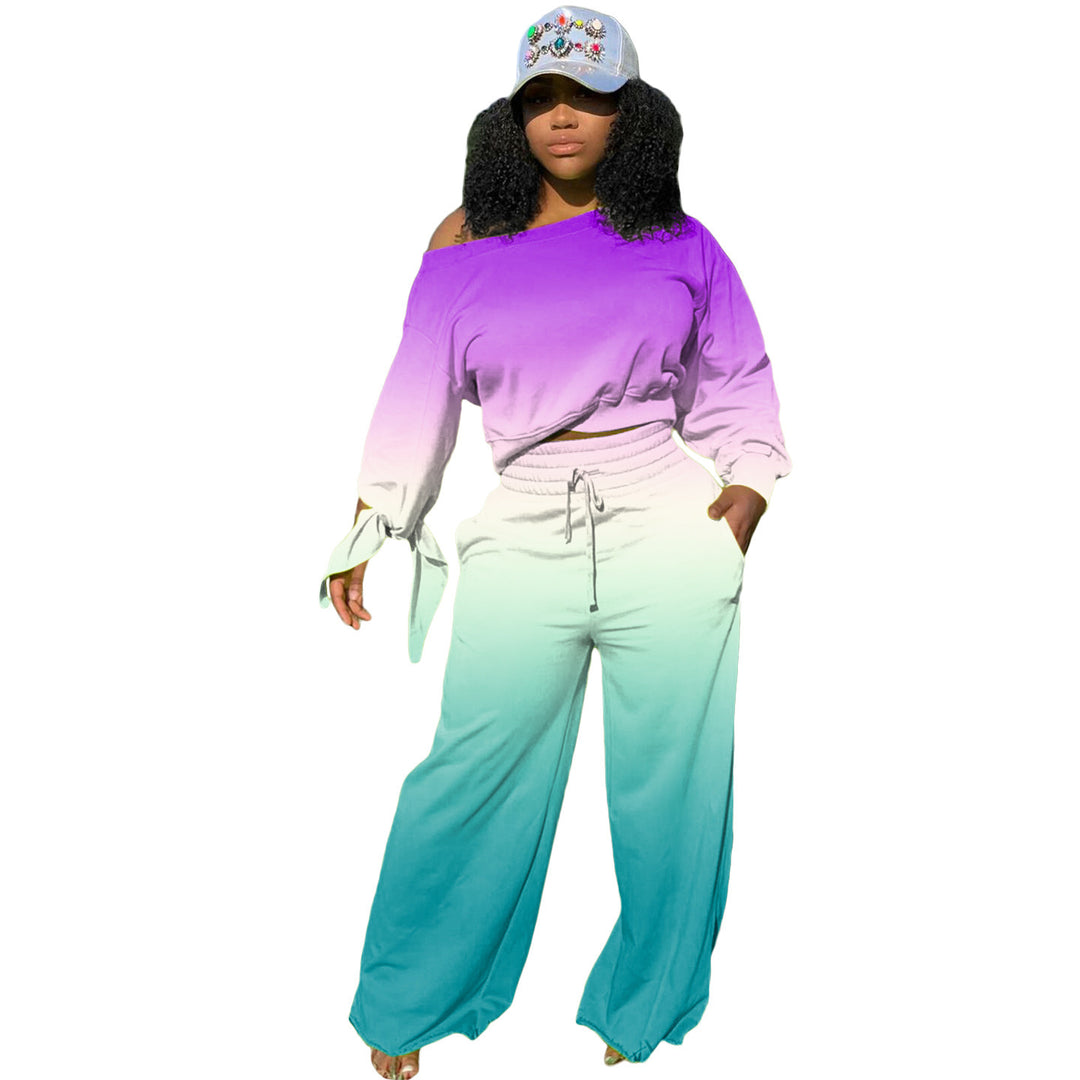 Damen Zweiteiliges Lounge-Set mit Off-Shoulder Crop-Sweatshirt, Bindärmeln und High‑Waist Palazzohose Shop Nory