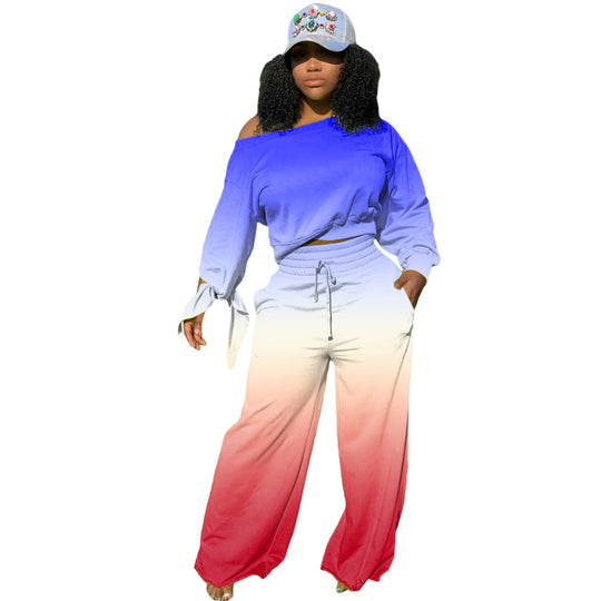 Damen Zweiteiliges Lounge-Set mit Off-Shoulder Crop-Sweatshirt, Bindärmeln und High‑Waist Palazzohose Shop Nory