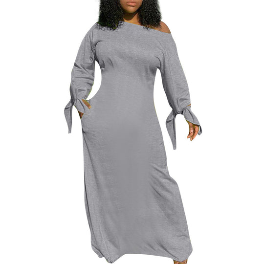 Damen Asymmetrisches Maxikleid mit Ein-Schulter, langen Ärmeln und Bindemanschetten Shop Nory