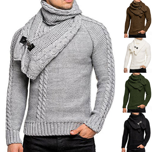 Herren Grobstrick-Pullover mit integriertem Wickelkragen und Schnallen-Schal Shop Nory