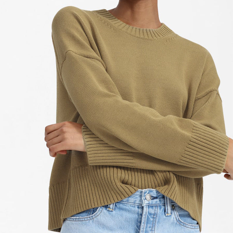 Damen Oversize-Feinstrickpullover mit Rundhalsausschnitt, überschnittener Schulter und breitem Rippsaum Shop Nory