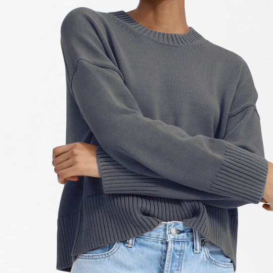 Damen Oversize-Feinstrickpullover mit Rundhalsausschnitt, überschnittener Schulter und breitem Rippsaum Shop Nory