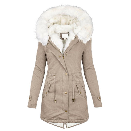Damen Gefütterter Parka-Mantel mit Teddyfutter, abnehmbarer Kunstfellkapuze und Taillenzug Shop Nory