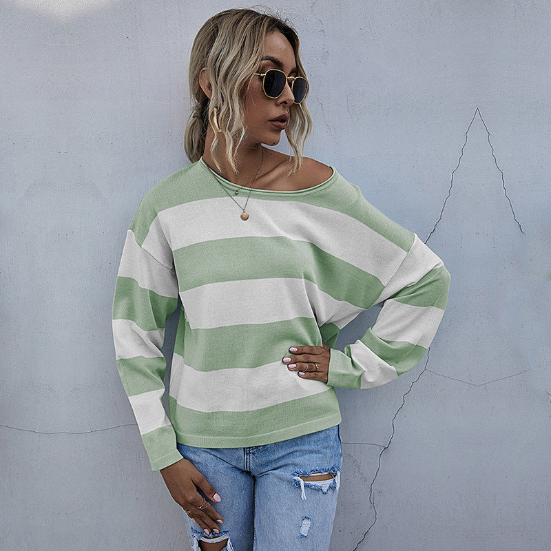 Damen Lockerer gestreifter Pullover mit Carmen-Ausschnitt und Oversize-Schnitt Shop Nory