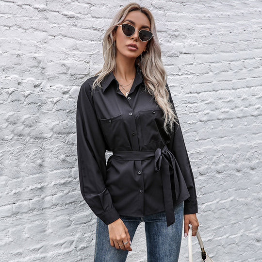 Damen Satin-Hemdbluse mit Taillengürtel, Brusttaschen und langen Ärmeln Shop Nory