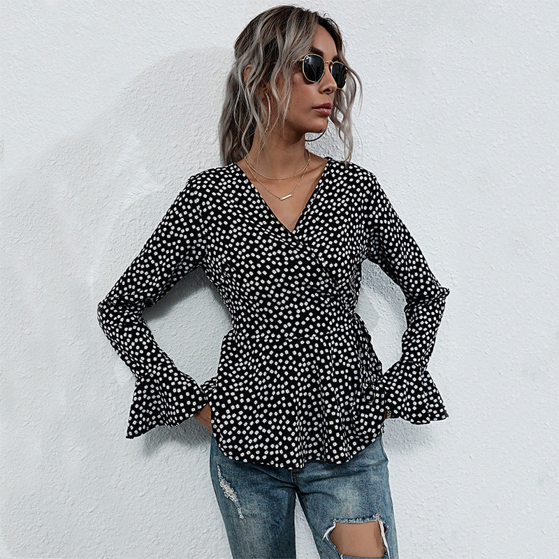 Damen Taillierte Wickelbluse mit V-Ausschnitt, Allover-Punktmuster und ausgestellten Volantärmeln Shop Nory