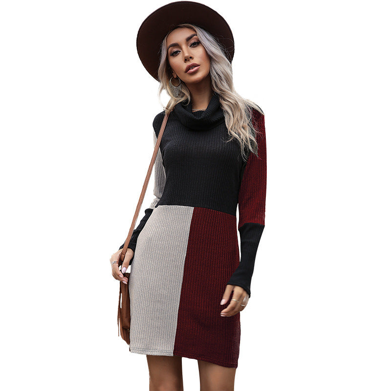 Damen Strukturiertes Rippenstrick-Minikleid mit Rollkragen und Farbblock-Einsatz Shop Nory