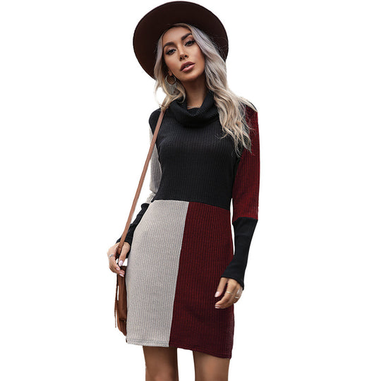 Damen Strukturiertes Rippenstrick-Minikleid mit Rollkragen und Farbblock-Einsatz Shop Nory