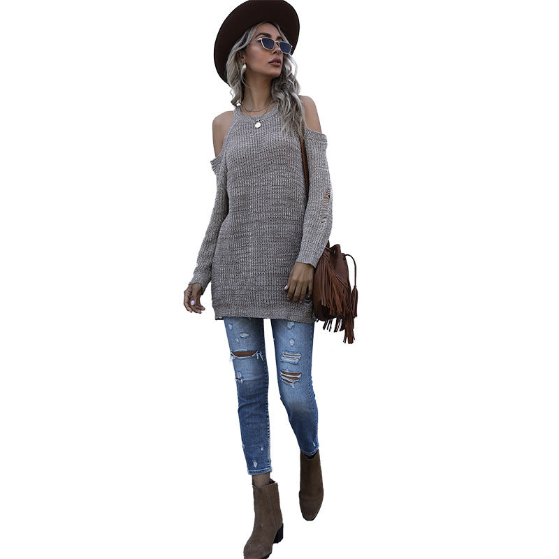 Damen Schulterfreier Grobstrickpullover mit Cut-Out-Detail, Oversize-Passform und geripptem Saum Shop Nory