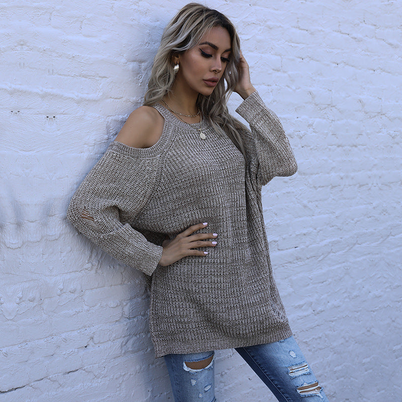 Damen Schulterfreier Grobstrickpullover mit Cut-Out-Detail, Oversize-Passform und geripptem Saum Shop Nory
